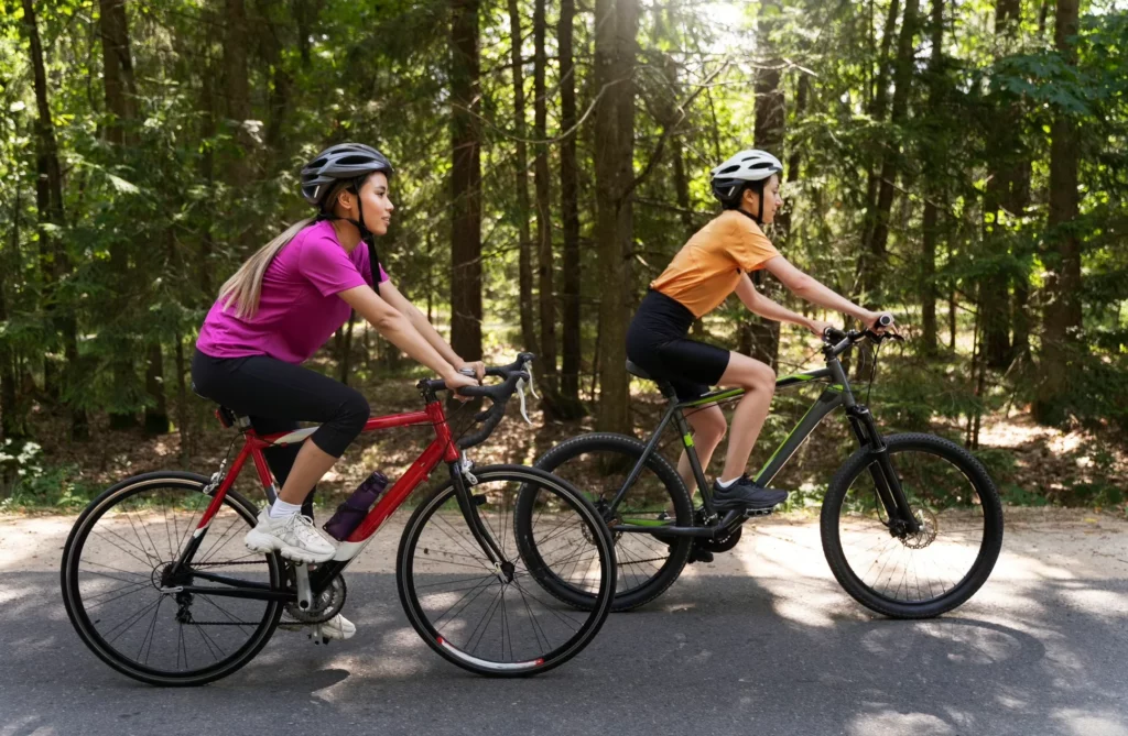 women cycling together